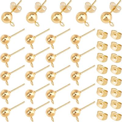 40Pcs 304 Stainless Steel Stud Earring Findings, with Loop and Ear Nut/Earring Backs, Real 24K Gold Plated, 9mm, Hole: 1.8mm, Pin: 0.8mm, Ball: 6mm
