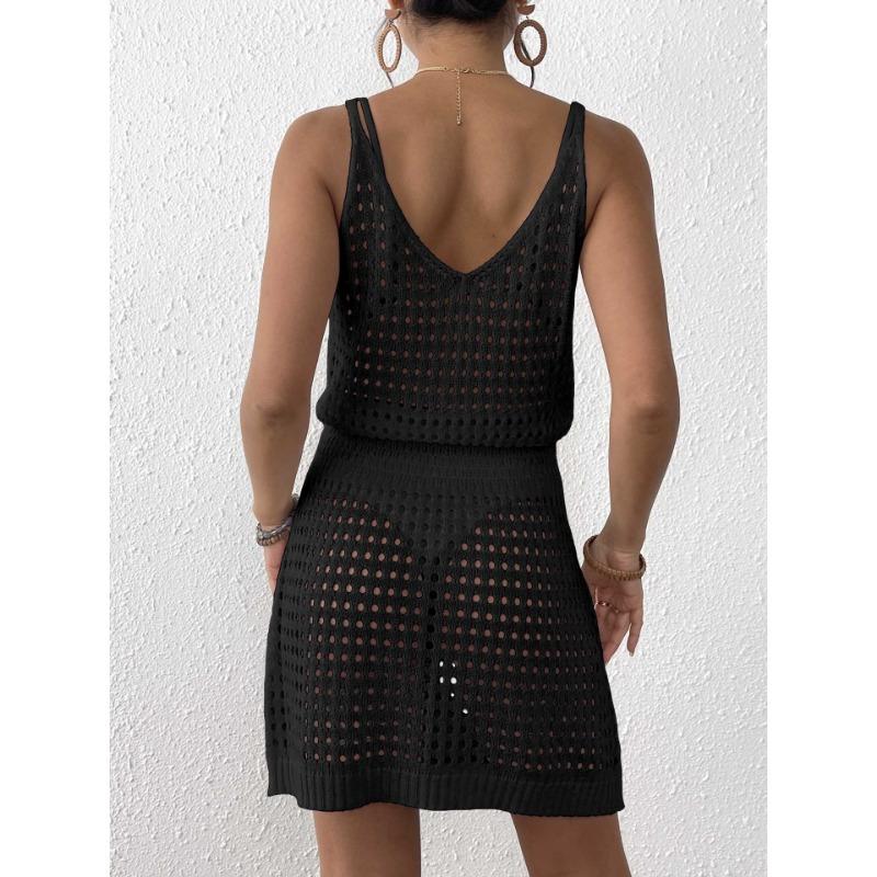 Rochie Sexy Tricotată Transparentă cu Bretele pentru Femei, Talie Subțire, Decolteu în V, Decupată, de Vară, pentru Bikini, Exterior, Rochie Scurtă de Plajă, Largă, Casual, fără Mâneci