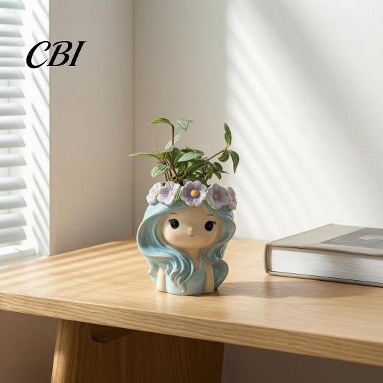 Unique Resin Planter with Flower Garland Cute Girl Planter, Blue Hair Head Small Succulents for Desk Decorative Plant Pot Cacti Indoor Plants