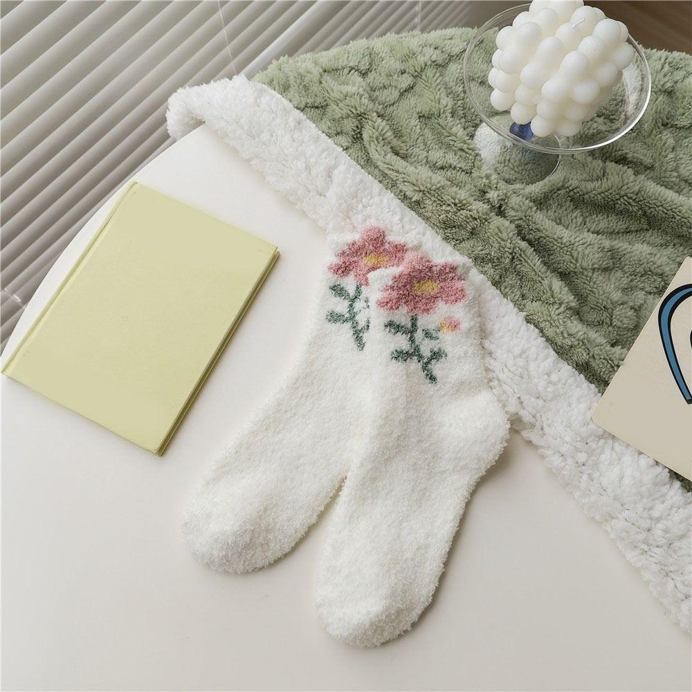 6Pairs Winter Floor Plush Socks Flower Warm Socks Women Comfortable Coral Fleece Socks  Autumn