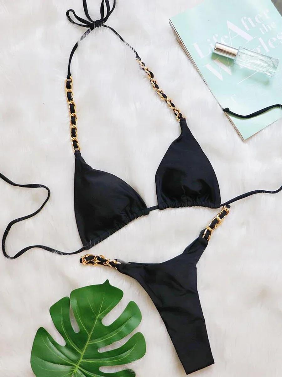 

Новинка 2024 года, сексуальный бикини с металлическими цепочками на шее, женский купальник, женский купальник, комплект из двух частей, бразильский купальный костюм, купальный костюм для плавания S чёрный