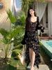 Black Floral Camisole Dress for Women - 2025 Summer Retro Mid-Length with Waist Slimming Design