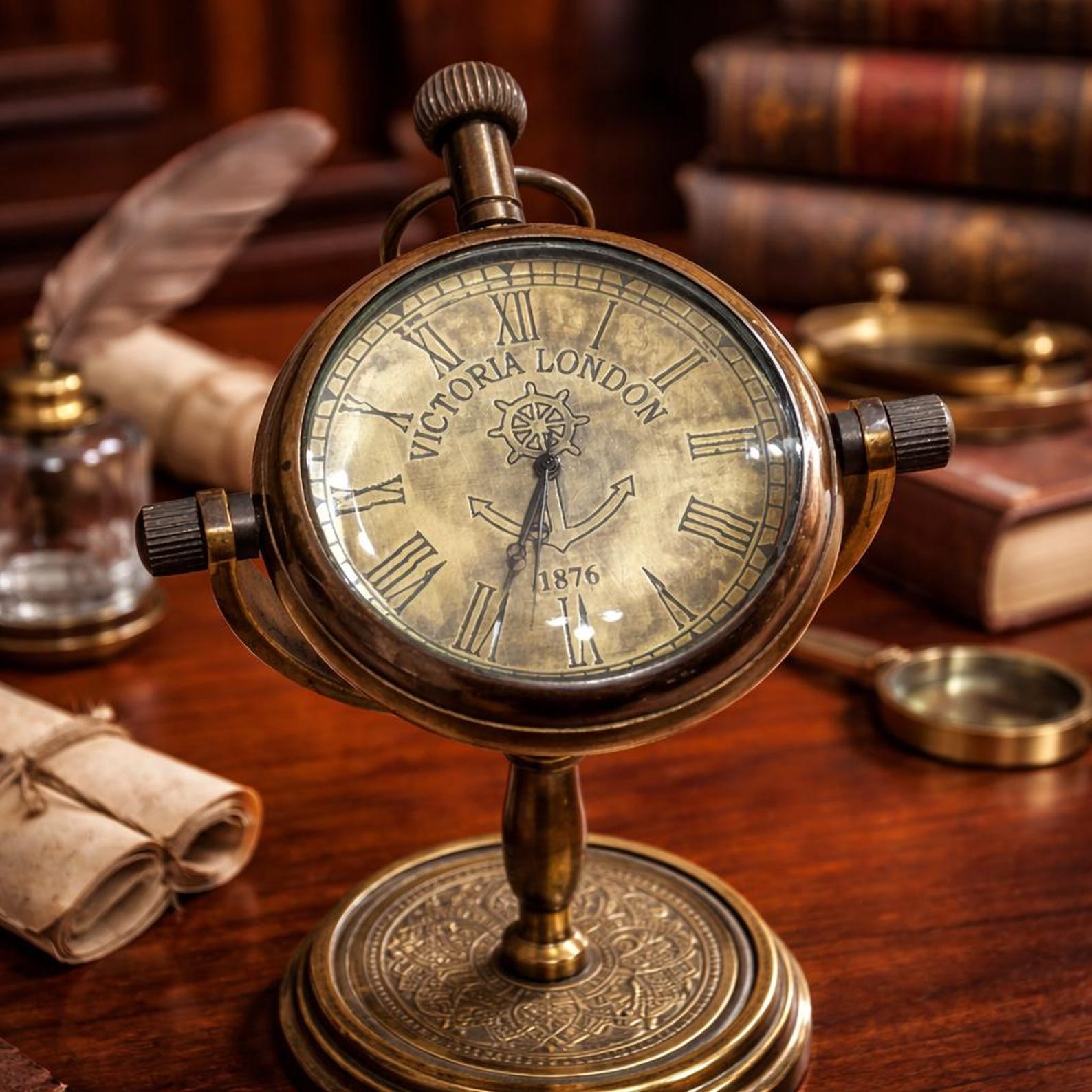 Vintage Brass Victoria London Table Clock – Antique Nautical Desk Clock for Office, Home & Gift Decor