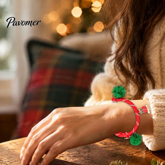 Christmas Gift for Women Bracelets, Red Green String Bracelet, Adjustable Rope Bracelet with Handmade Alloy Jewelry Charm And Tinsel Pom Poms, Holiday
