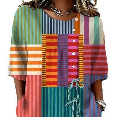 European and American summer new women's tops, shirts, geometric printing buttons, drawstrings, half-sleeved tops, T-shirts, women's clothing