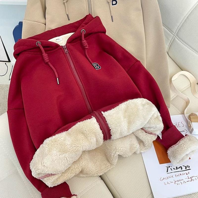 High Quality Lamb Cashmere Hoodie for Women In Winter, New Women's Loose and Plush, Thickened and Warm Zippered Hooded Jacket