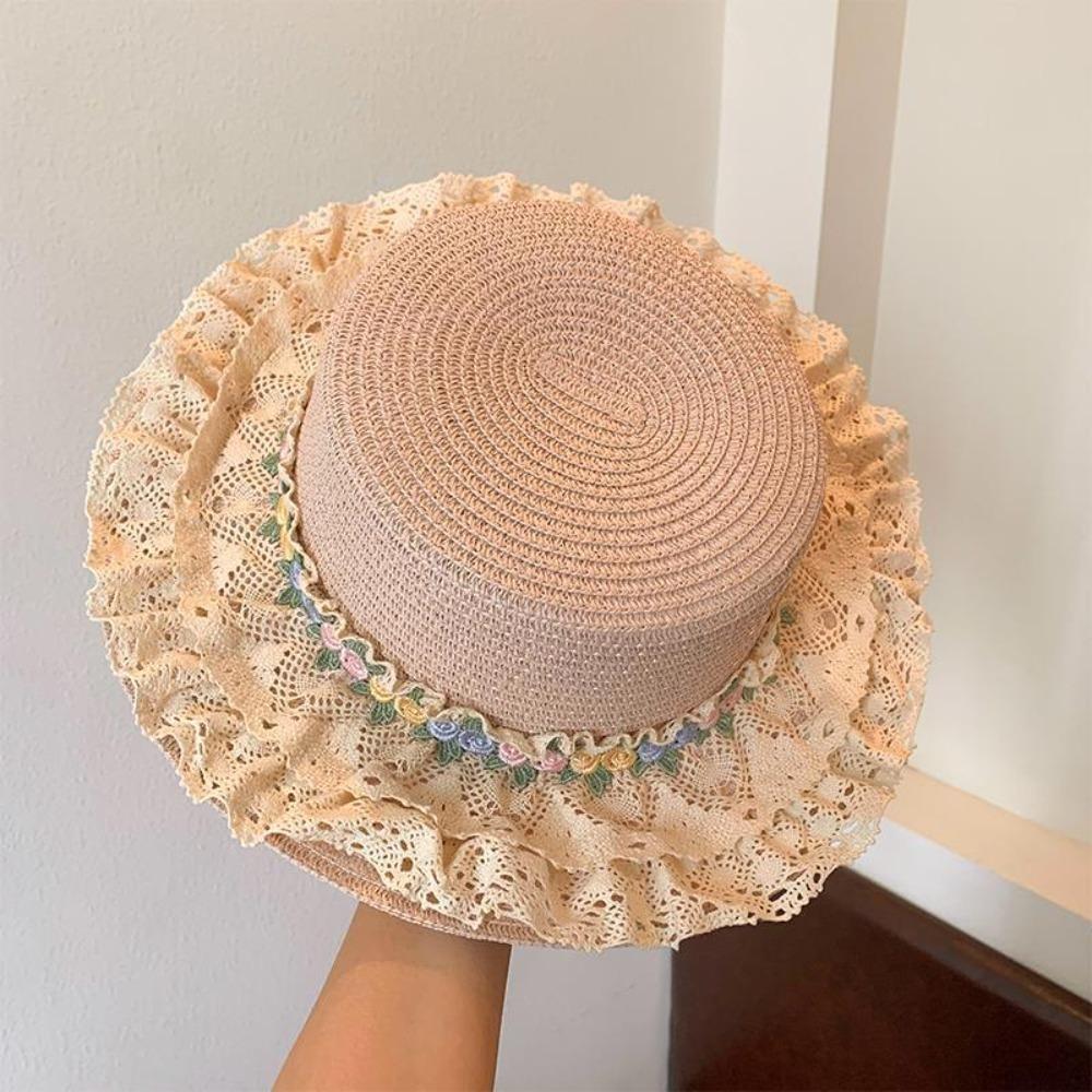Flat Top Straw Woven Top Hat Wide Brim Sunscreen Hat Elegant Women's Sun Hat  Seaside