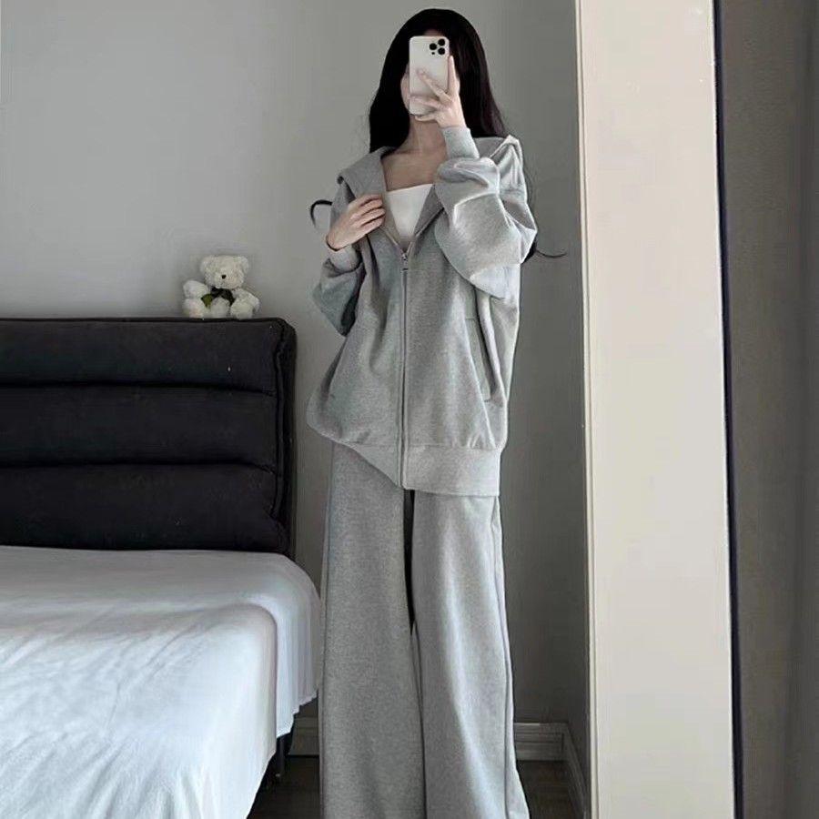 Grey Student Casual Hoodie and Cardigan Set: Trendy Two-Piece Sportswear