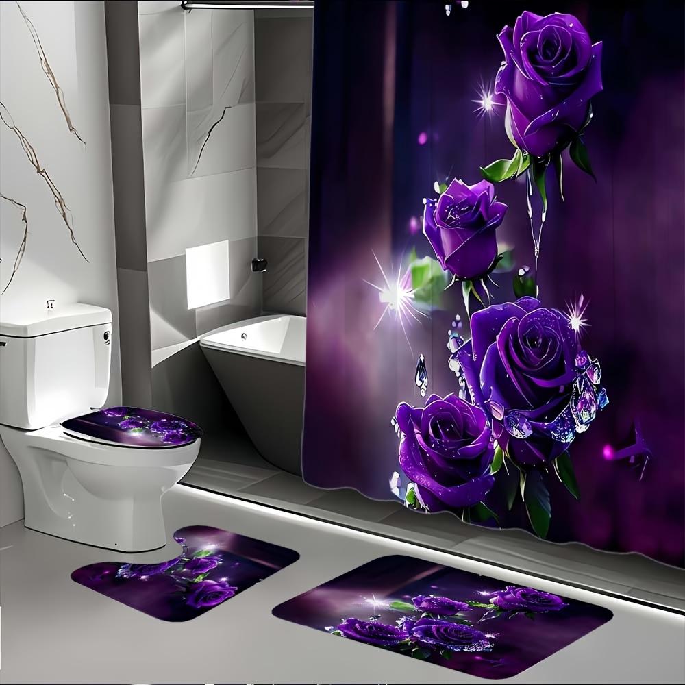 4Pcs Bathroom Shower Curtain Set Purple Rose Bathroom Curtain With 12 Hooks Non Slip Rugs Toilet Cover Mat Bathroom Partition
