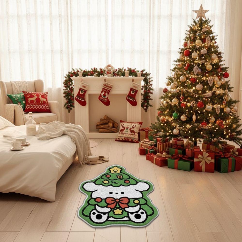 New Cartoon Christmas Carpet Xmas Tree Shape Non-Slip Backing Bed Side Carpets Imitation Cashmere Soft Floor Mat Bedroom Decor