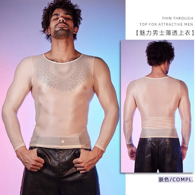 Men Oil Shiny Tops O Neck Tights See Through Fitness Muscle Top Nightclub Shirts Clubwear Gay Tempt Undershirts T-Shirts Sexy