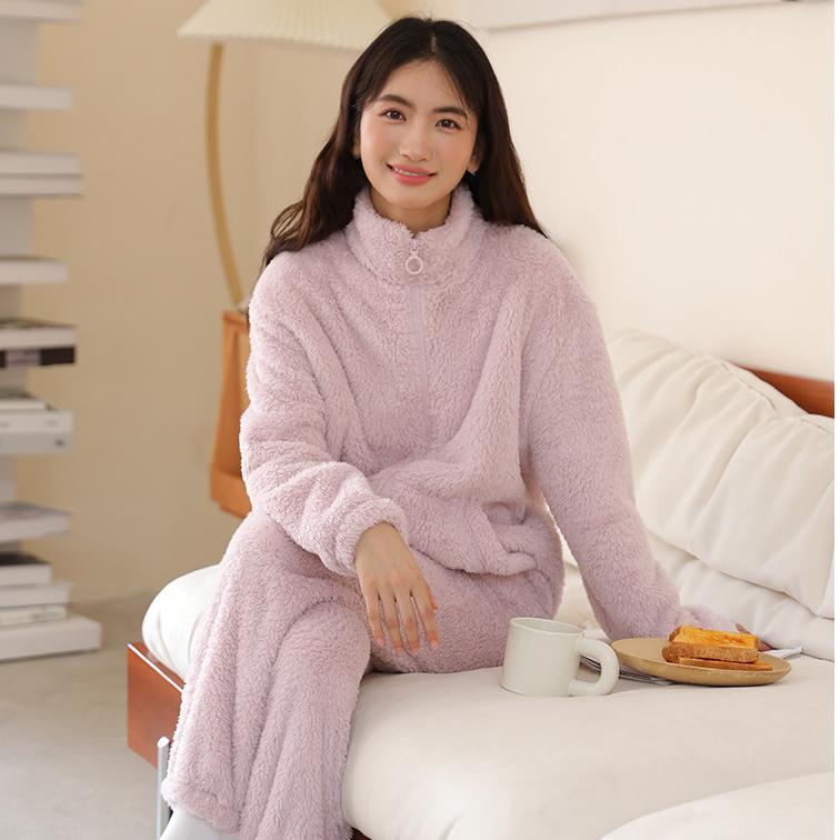 Zimní domácí oblečení dámský kardigan na zip zahuštěná bunda s vysokým límcem plyšové sametové pyžamo oboustranný fleece teplá souprava