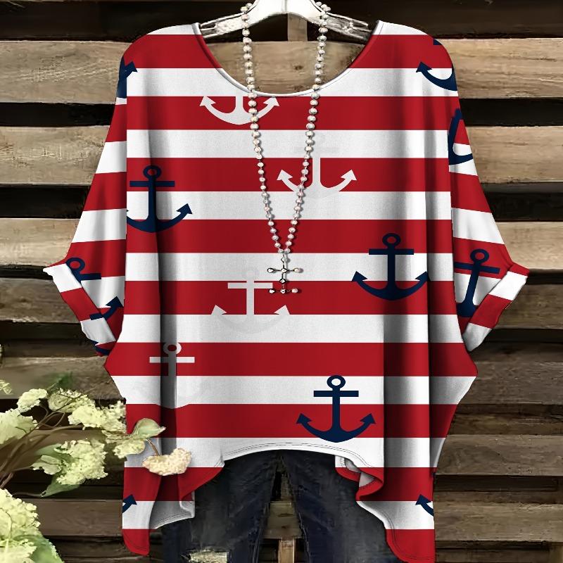 

Printed fashionable short-sleeved large size anchor pattern printed swallow tail round neck T-shirt 5XL