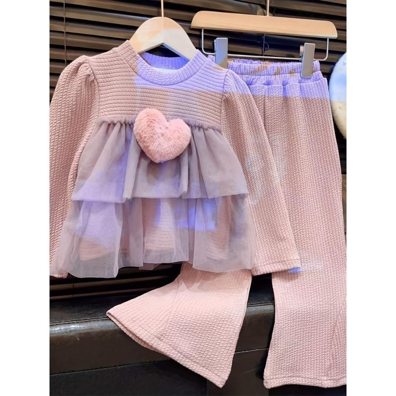 Girls Fashion Two-Piece Set - Spring-Autumn New Style | Tulle Top with Trendy Heart Decorations & Solid Color Sweet Pants for Girls