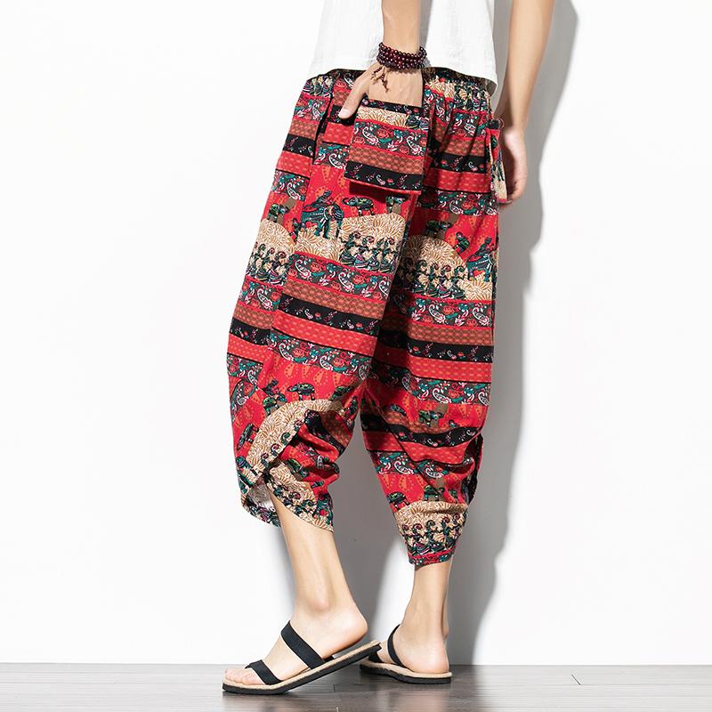 Harajuku Lässige Haremshosen mit weitem Bein für Männer 2024 Sommer Baumwolle Strand Baggy Pants Chinesischer Stil Prinitng Wadenlange Hose