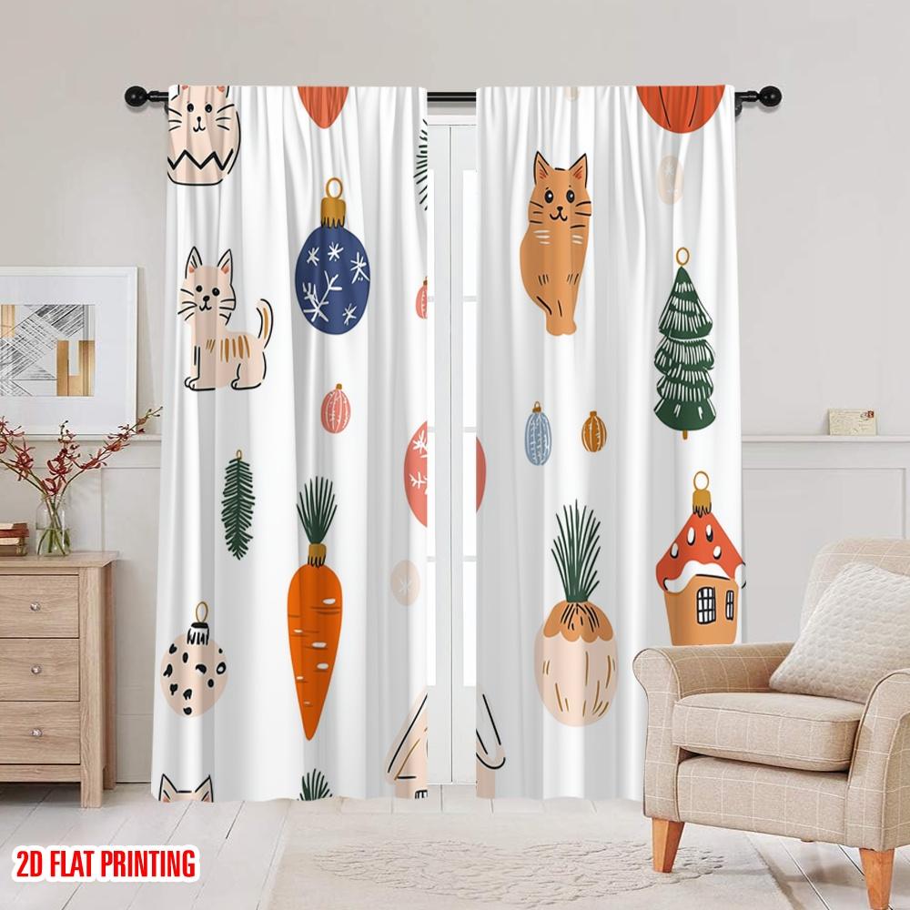 2pcs,2D plane printing Curtain Popular Christmas Tree Ornaments Collection Versatile Polyester (without rod) Festive for Kitchen