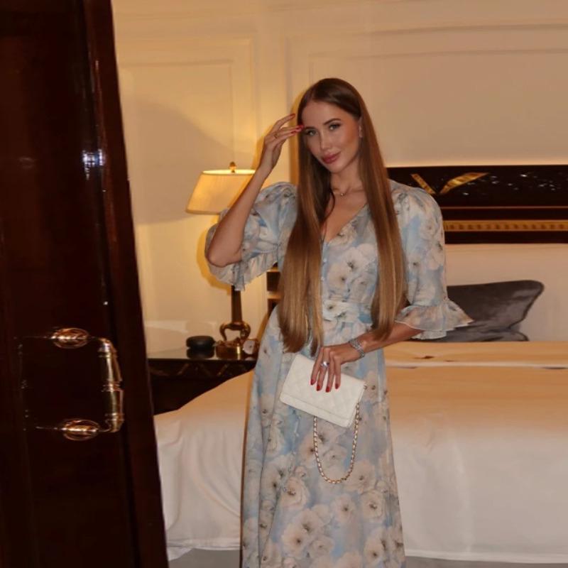 Elegant Watercolor Floral Long Dress Women V Neck Ruffle Puff Sleeve Slit Dress Self Belt Waist Flowy Chiffon Dress Wedding Guest Party Daily Outing