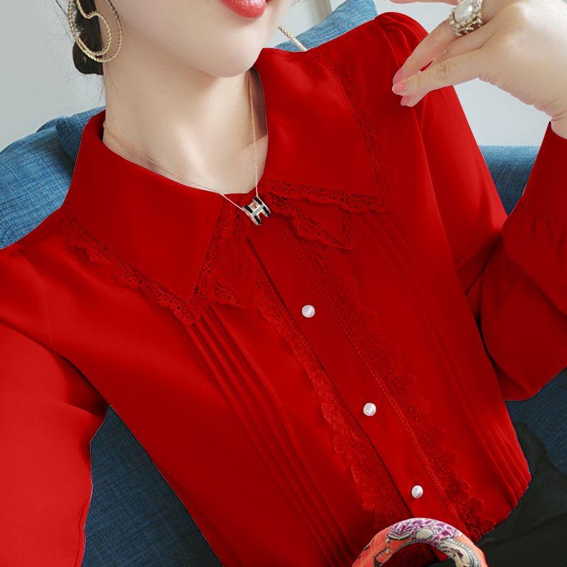 

Модная шифоновая рубашка с длинным рукавом Кружевная женская рубашка Осень и Зима Новый стиль Темперамент Защита от солнца Топ L красный