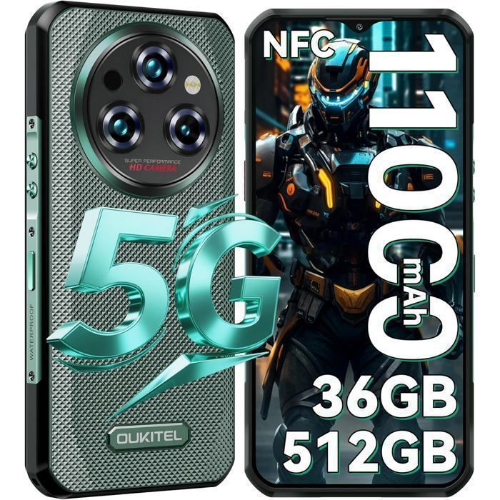 Smartphone Robuste OUKITEL WP35 Pro 5G 36Go+512Go 6.6" FHD+ 11000mAh 64MP Telephone Incassable Android 14 Dual SIM/NFC/GPS Vert