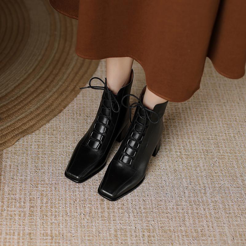 Fashion 2025 Fashion Women Shoes Split Leather Short Boots Square Toe Chunky Boots Winter Shoes Women Solid High Heel Boots for Women