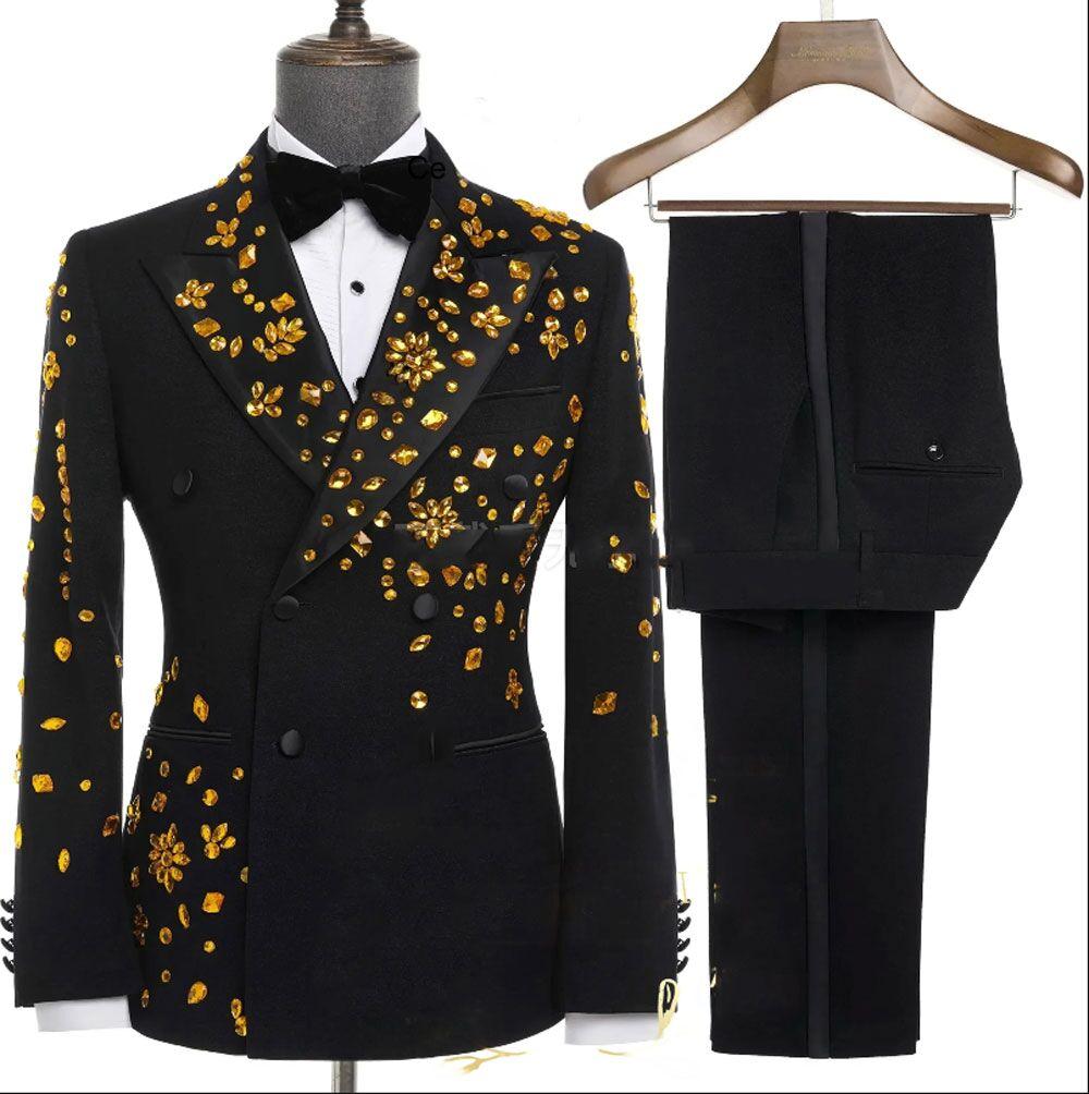 2025 New Elegant Luxury Men Suits Black Gold Double-Breasted Jewelry Ornament Shining Tuxedo for Wedding Party