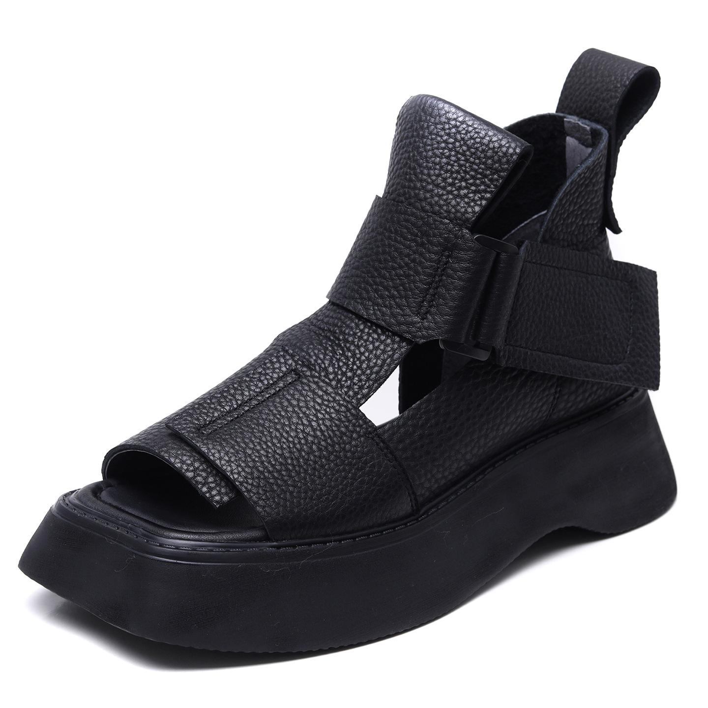 

5СМ Коровья Натуральная Кожа Крючок Полые Мэри Джейн Сандалии Летние Шлепанцы Ботильоны на Щиколотке Туфли Лодочки Плоская Платформа Клин Женские 40 чёрный