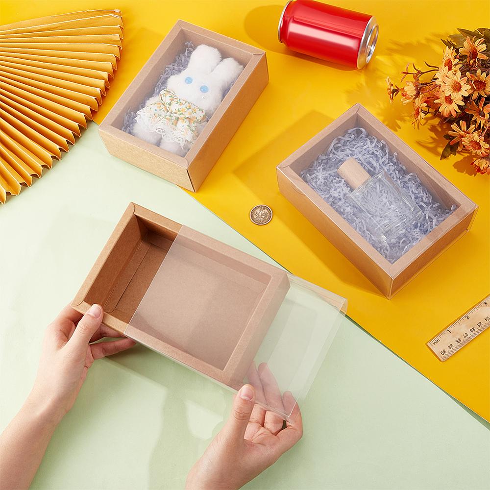 10pcs Rectangle Kraft Paper Drawer Boxes Festival Gift Wrapping Boxes Gift Packaging Boxes for Jewelry Wedding Party with Clear PET Plastic Cover Peru