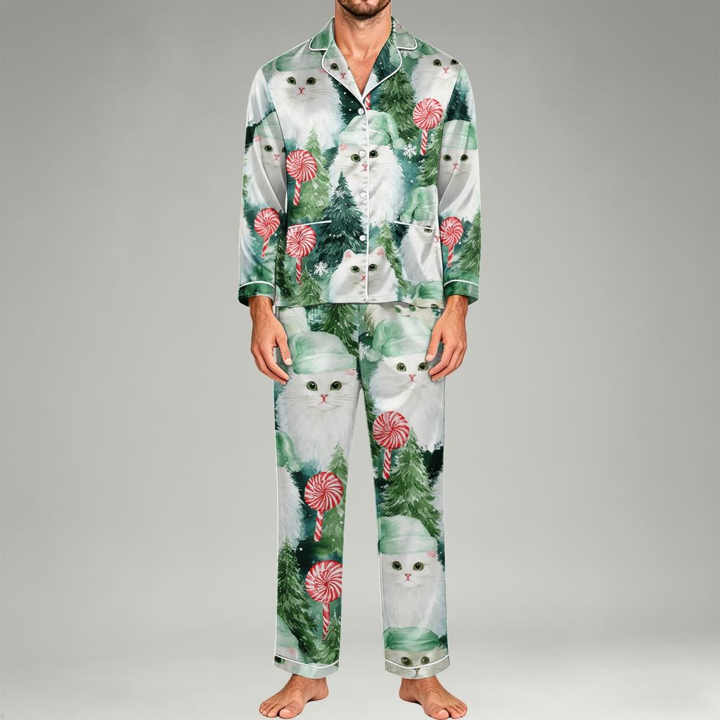 Herren Langarm Button-Down Pyjama-Set, 2-teilige Nachtwäsche Loungewear mit Hose für Zuhause und Schlafenszeit