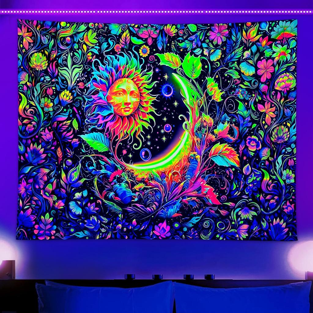 Blacklight UV Reactive Tapestry Psychedelic Trippy Wall Hanging Peach Skin 2D Flat Print Bedroom Aesthetic Party Decor 150x130