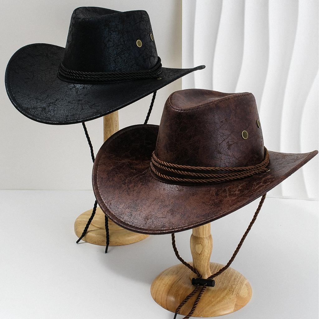 New Cowboy Hat Unisex Faux Leather Sunhat Wild Brim Panama Hat Visor Hats Sombrero De Vaquero Occidental