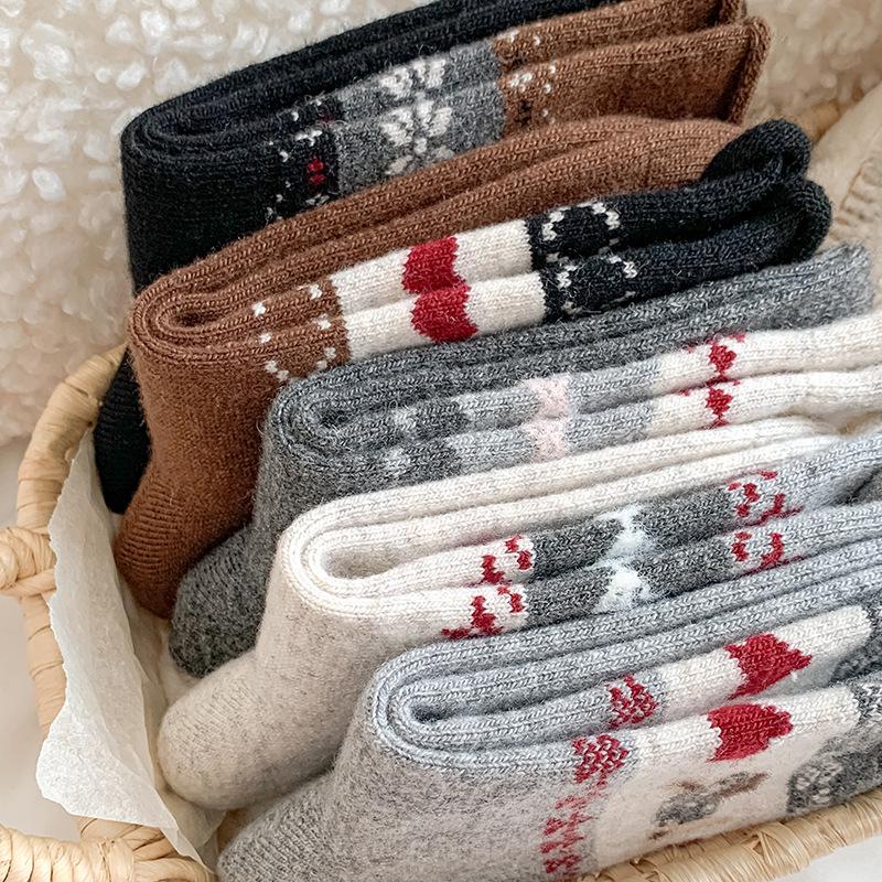 YOUJIAXIU Women's Wool Warmth Fair Isle Mid-Calf Socks - Thickened Plus Velvet, Cute Puppy Design for Autumn/Winter