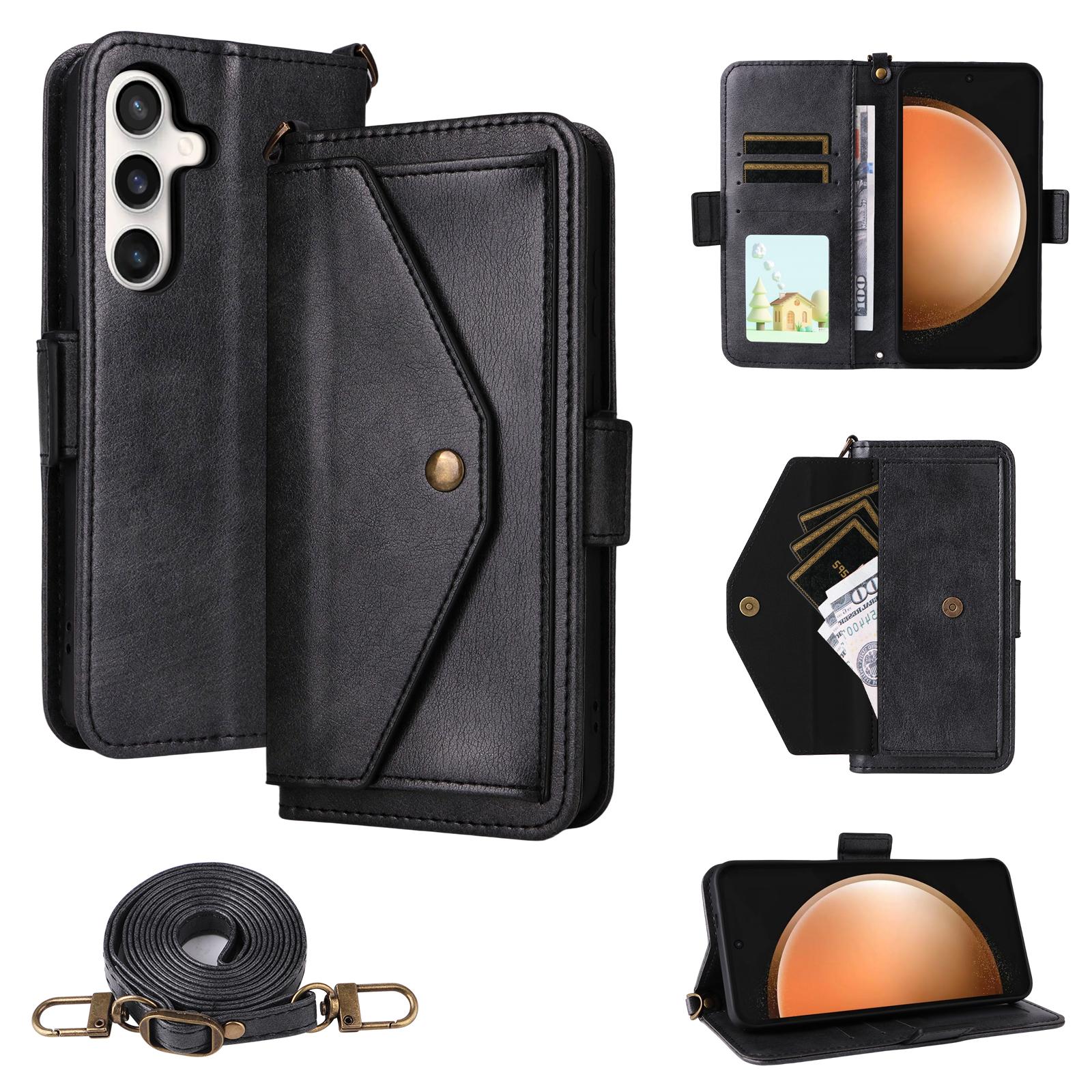 

For Samsung Galaxy S25 FE Leather Case Magnetic Closure Wallet Stand Phone Cover with Crossbody Strap Black