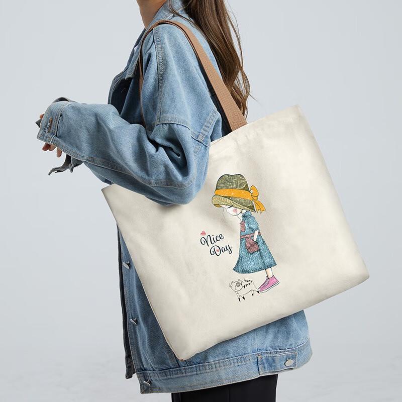 

Fumede Canvas Tote Bag with Straw Hat Girl Design