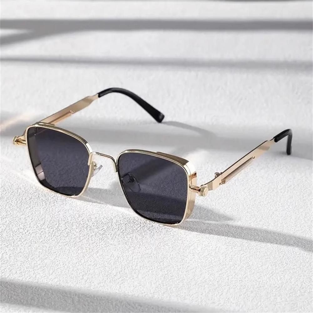 Men's Vintage Steampunk Driving Sun Glasses Square Metal Frame Sun Glasses with Spring Hinges Women Trendy Shades Driver Glasses