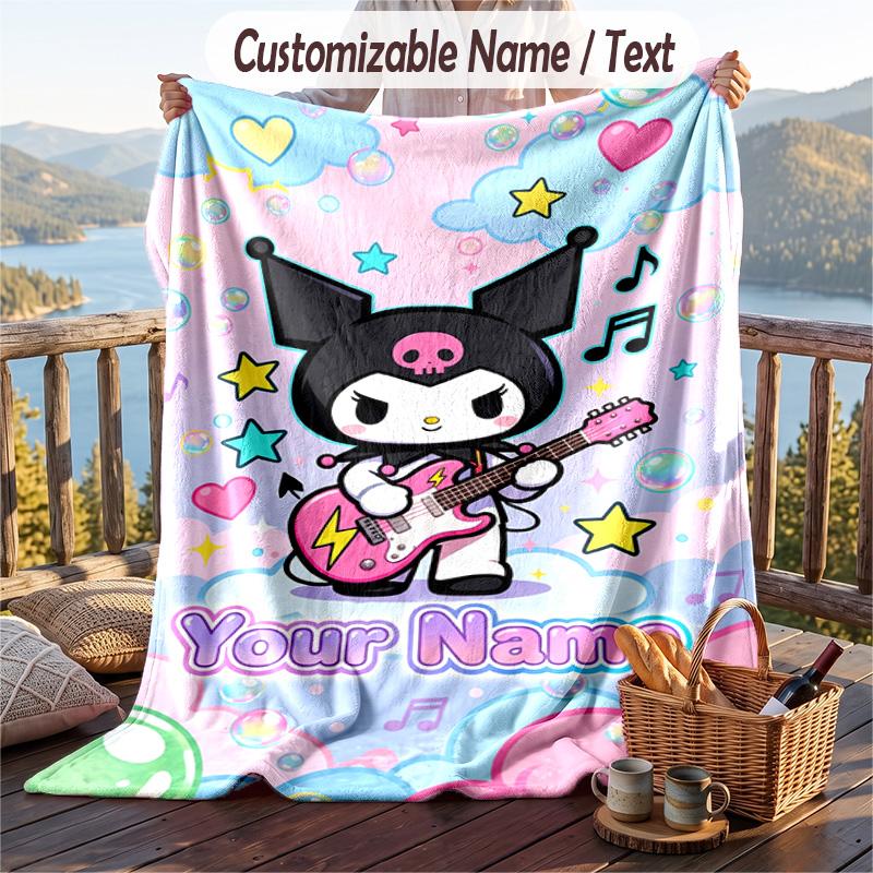 Custom Text Flannel Throw Blanket, Lightweight Cozy Bed Sofa BlanketKuromi