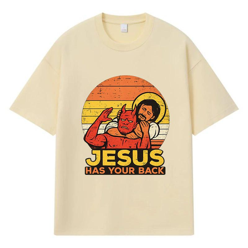 

2026 Devil And Jesus Printed Graphic Y2k Harajuku Streetwear 100% Cotton T Shirt Casual Oversized Summer Men T-shirt XXXL хакі