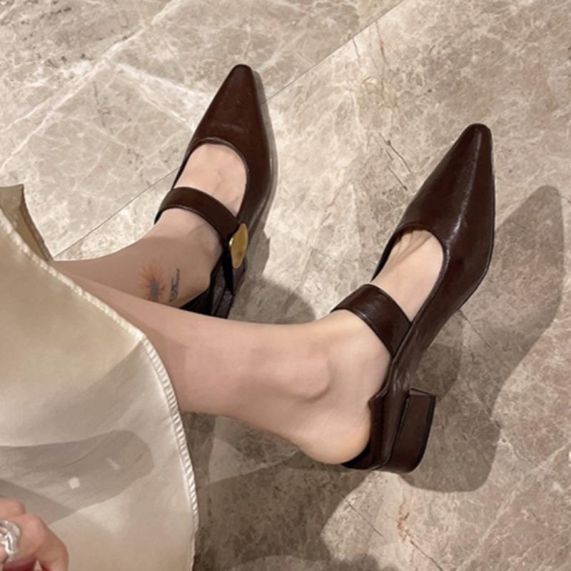 Fashion French Block Heel Single Shoes Women Spring and Autumn New Metal Buckle Pointed Toe Shallow Mouth One Belt Mary Jane Shoes