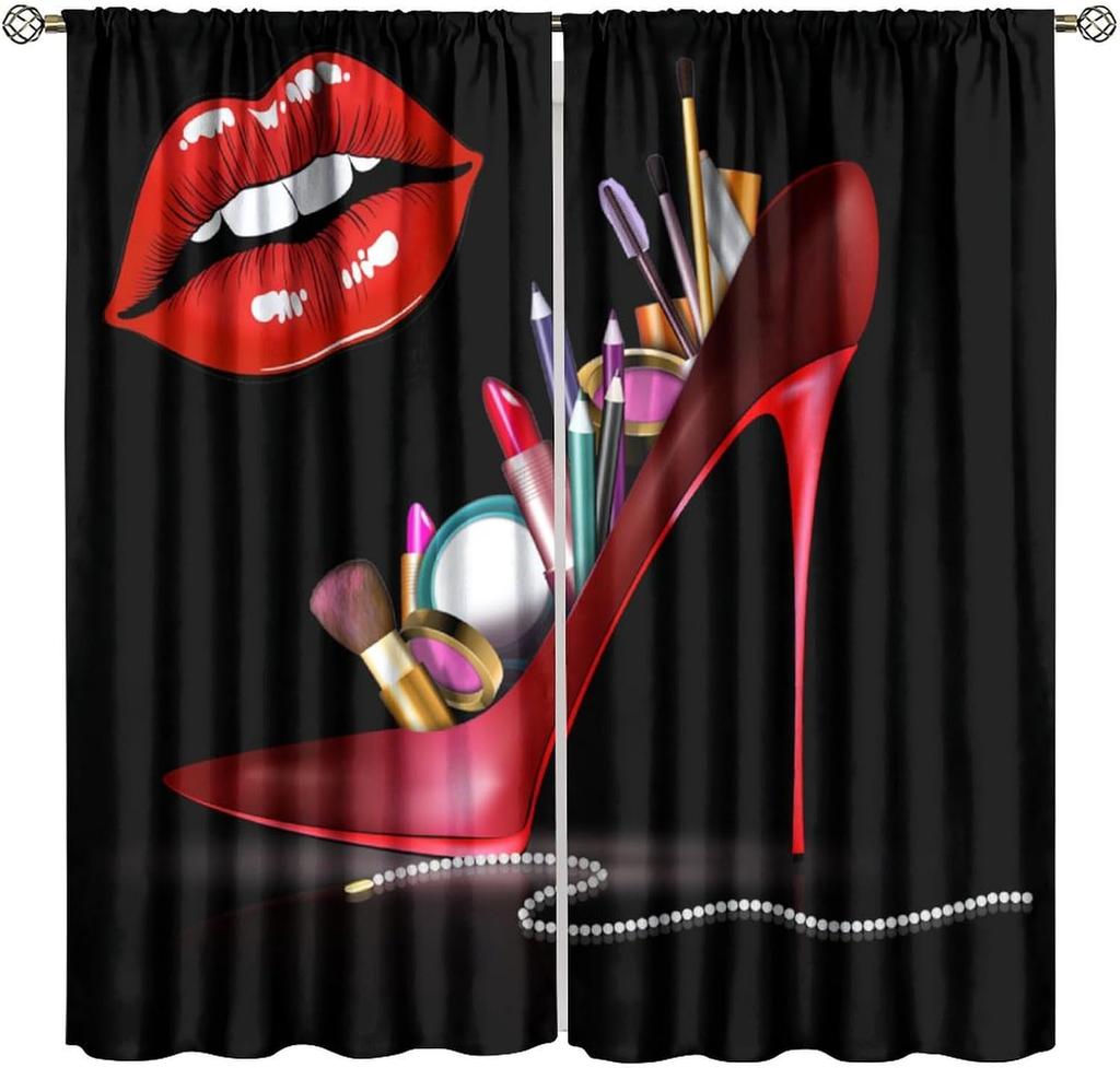 Fashion Makeup Curtains Pink Theme Lipstick Perfume Girl Makeup Blackout Window Treatment for Kids Girl Bedroom Cloakroom Decor