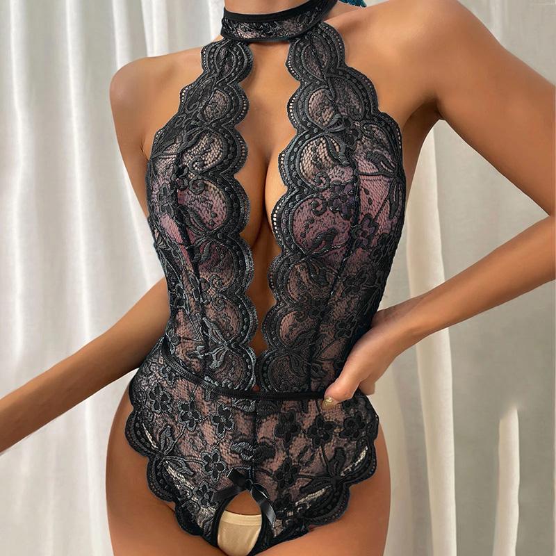 Erotic Lingerie For Women Lace Transparent Bra Set Sexy Costumes Deep V Open Bra Crotchless Bodysuit Female Teddy Underwear Set