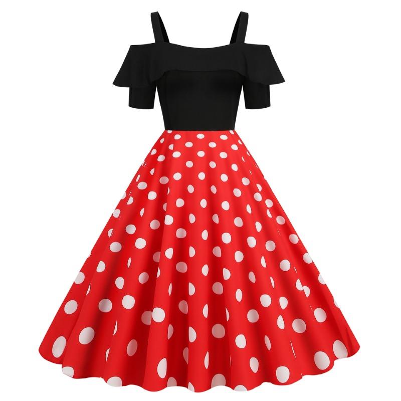 

Women s S S Hepburn retro suspender ruffle edge short sleeve black polka dot pendulum dress S