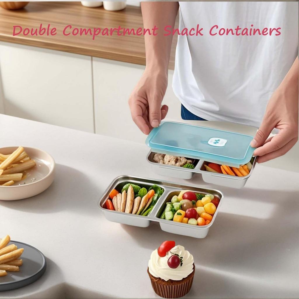 Reusable Stainless Steel Snack Containers with Lids, Stainless Steel Double Compartment Snack Box Containers Condiment Lunch Container with Lids, for