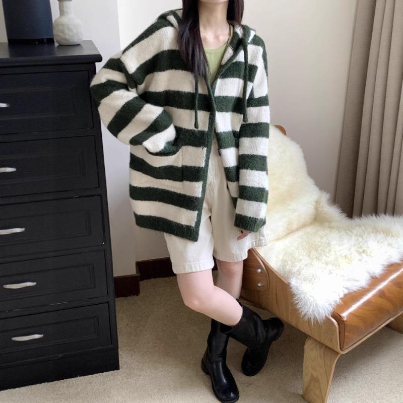 Hooded Striped Knitted Cardigan Women's Medium and Long Autumn and Winter New Alpaca Wool Pocket Sweater Jacket Women