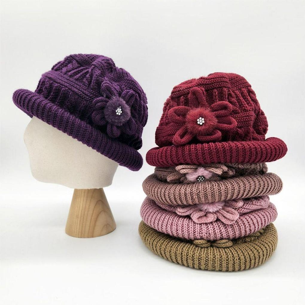 Grandma's Thick Knit Floral-Decorated Fleece Winter Beanie Hat