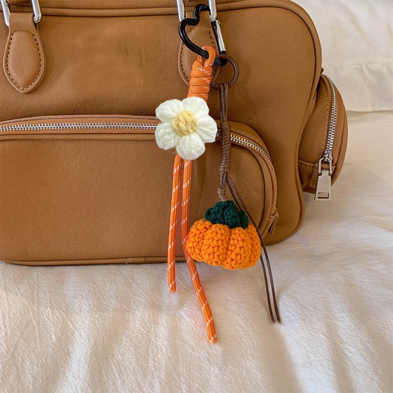 Yogodlns Cute Pumpkin Pendant Handwoven Mini Pumpkin Keychain Crochet Cherry Bag Pendant Bagpack Decor Charm Gift Ornament