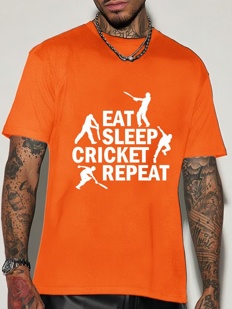 Cricket Lover Unisexs Crew Neck Cotton T Shirt Eat Sleep Cricket Repeat Player Silhouette Print Short Sleeve Sports Casual Top