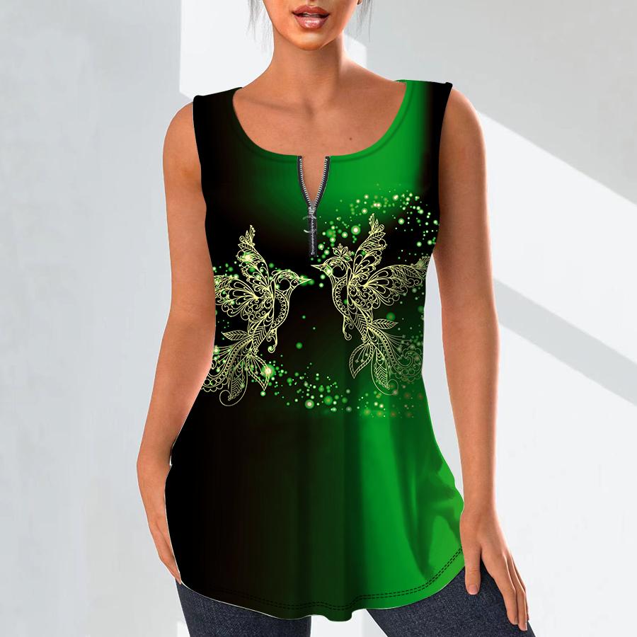 Women's Fashion V Neck Shirts Casual Tops T-shirt Ladies 3D Golden Bird Print Vest Plus Size Sleeveless Blouse Tank Tops