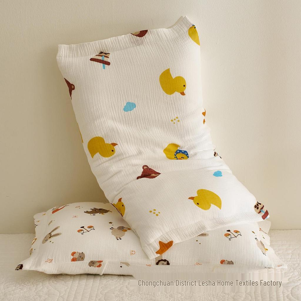 Class A Cartoon Crinkle Gauze Pillowcase Set - 100% Cotton for Kids, 2-Piece Set