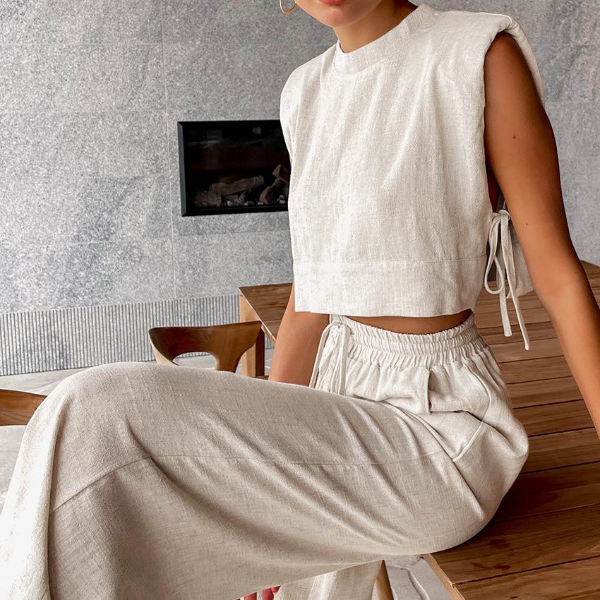 Cotton Linen Pants Sets Khaki Summer Women Two Piece Fashion Lace Up Crop Vacation Elastic Waist Loose Long Pants Suits