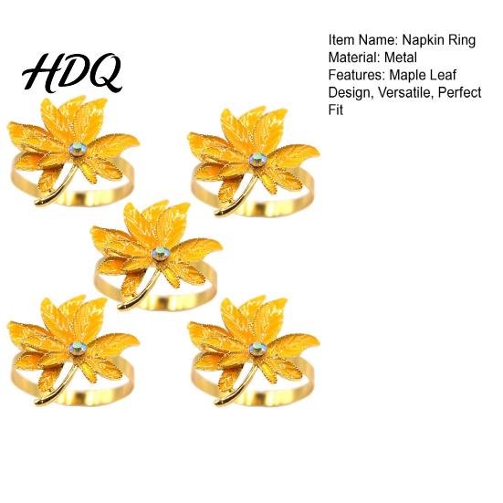 Metal Napkin Ring 5Pcs Rings Maple Leaf Design Holders Waterproof Rhinestone Anti-Oxidation