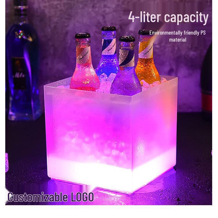 In-Stock Frosted Light-Up Ice Bucket, 3.5L Battery-Operated, Double-Layer PP for Beer, Champagne, Wine.